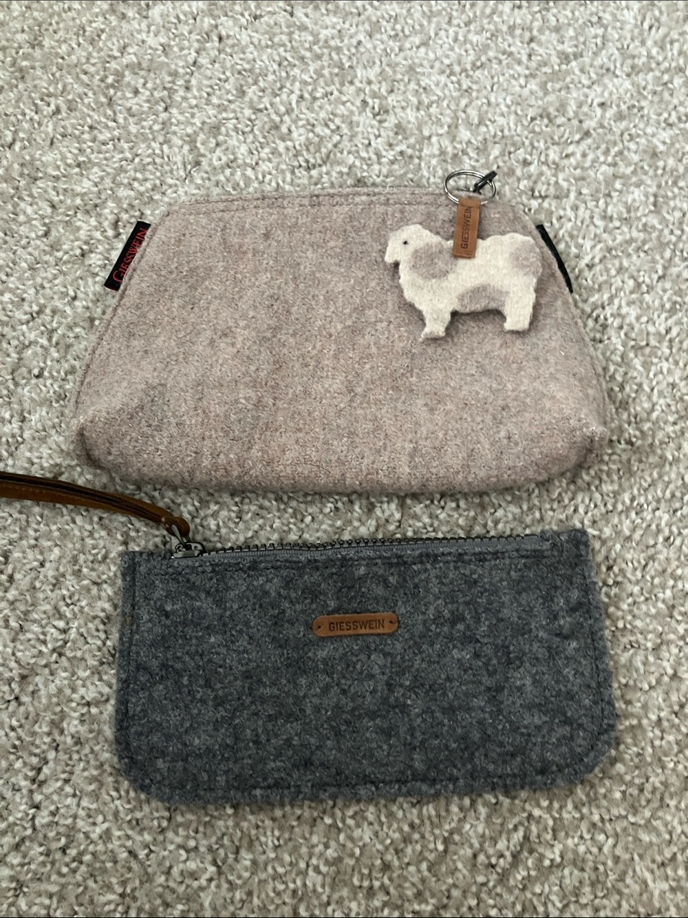 Giesswein Beige Felt Zip Pouch & Gray Felt Wristlet Set Wool Rare